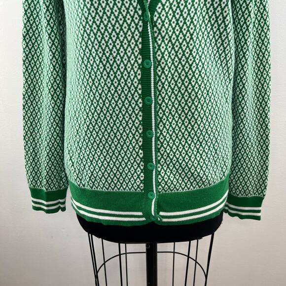 LE TIGRE Green White Diamond Print Cotton V-Neck Button Down Cardigan Sweater XL - Picture 4 of 11